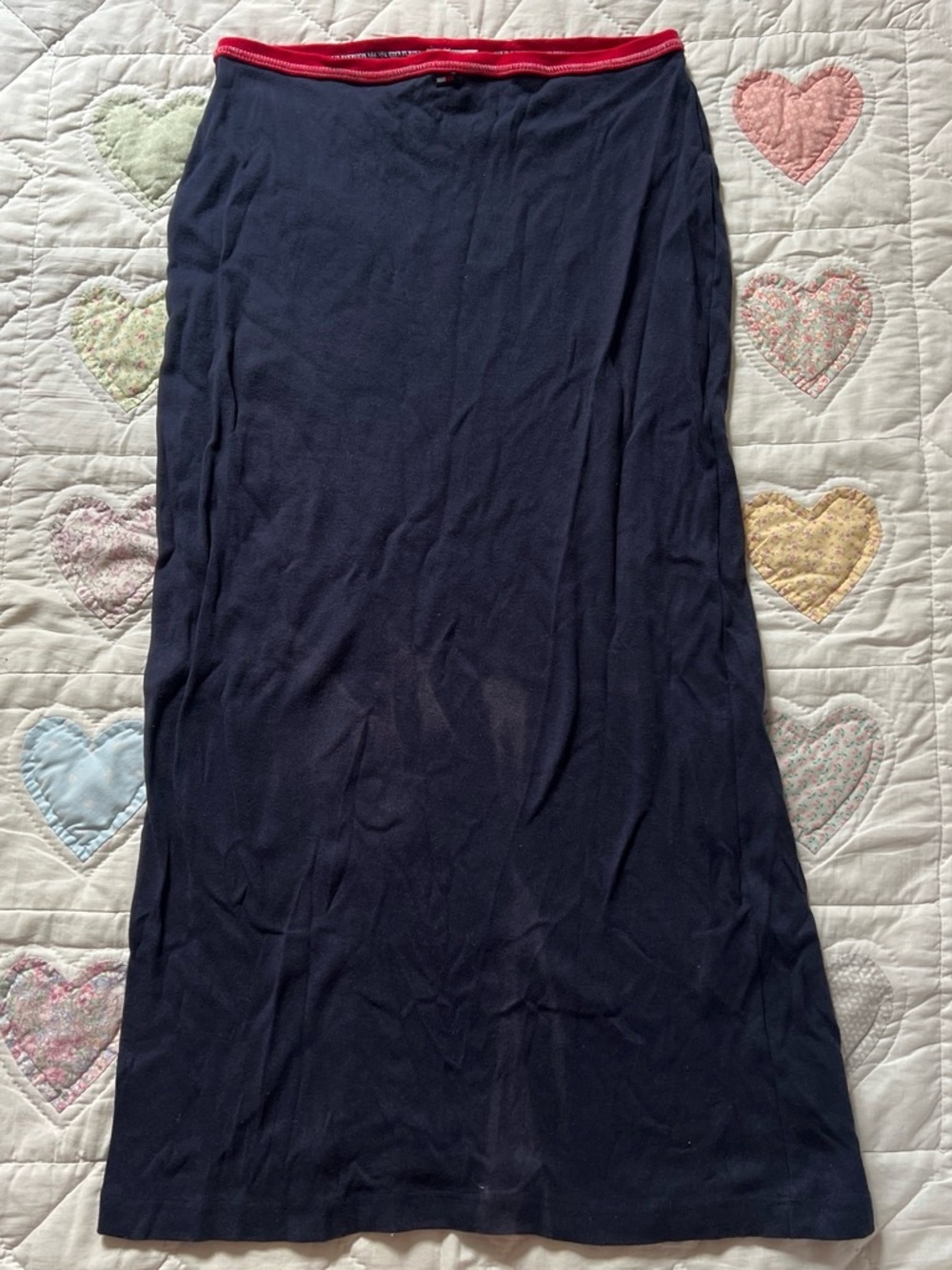 Tommy Jeans Navy Blue Y2K Vintage Maxi 100% Cotton Skirt Red Waistband Size S